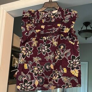 Like new Loft Floral Ruffle Blouse in Burgundy and Yellow